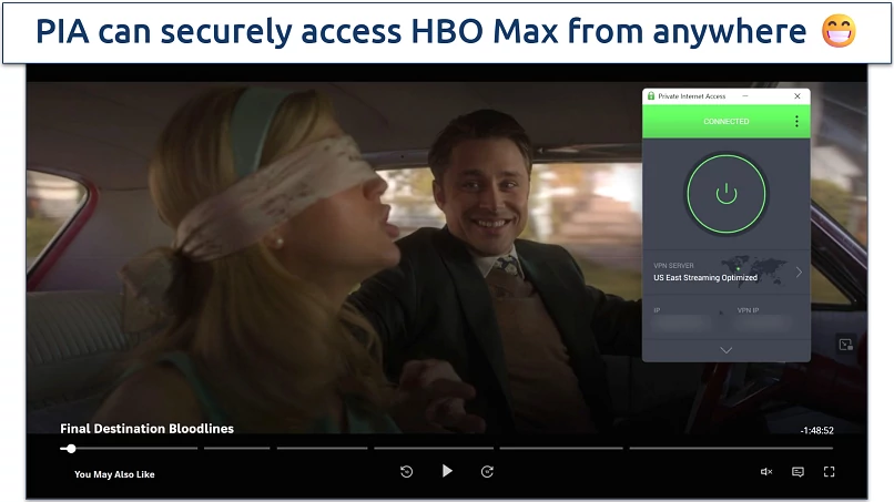 Screenshot of HBO Max player streaming Final Destination Bloodlines while connected to PIA's US East Streaming Optimized server 