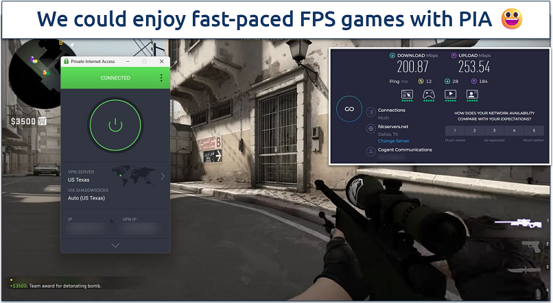 Screenshot of Counter-Strike: Global Offensive being played while connected to PIA's US Texas server 