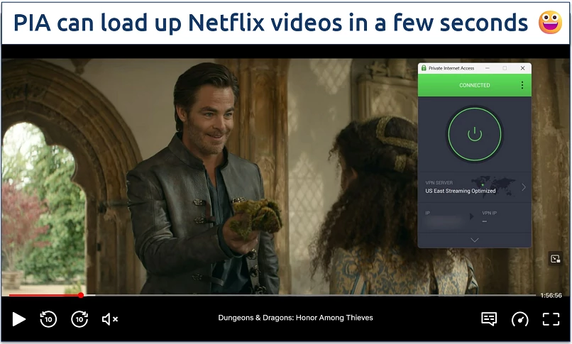 Screenshot of Netflix player streaming Dungeons & Dragons: Honor Among Thieves while connected to PIA's US East Streaming Optimized server 
