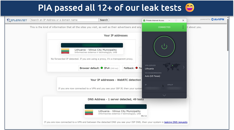 Screenshot of a leak test done on ipleak.net while connected to PIA's Lithuania server 