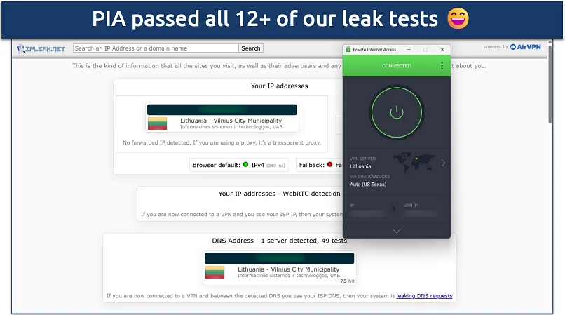 Screenshot of a leak test done on ipleak.net while connected to PIA's Lithuania server 