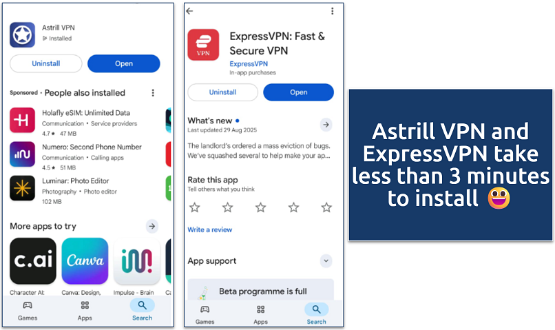 Screenshot showing the Astrill VPN and ExpressVPN apps on the Google Play Store 