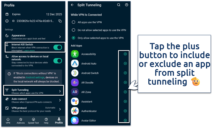 Screenshot of ExpressVPN settings showing Split Tunneling options for selecting apps