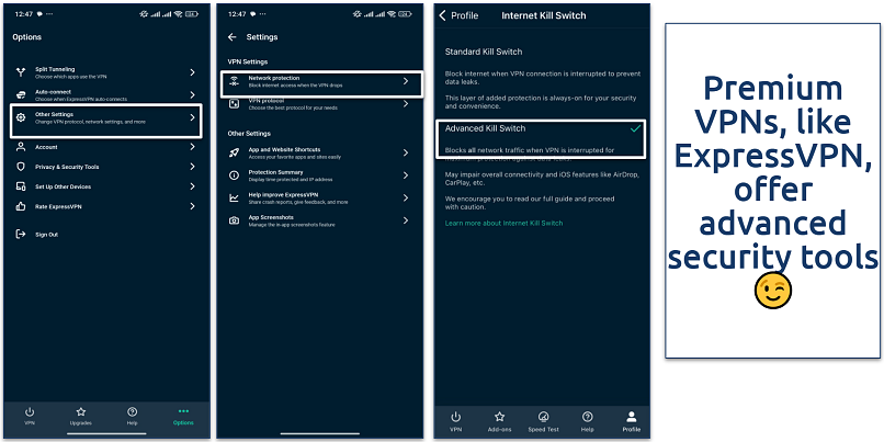 Screenshot showing how to turn on the kill switch on the ExpressVPN iOS app