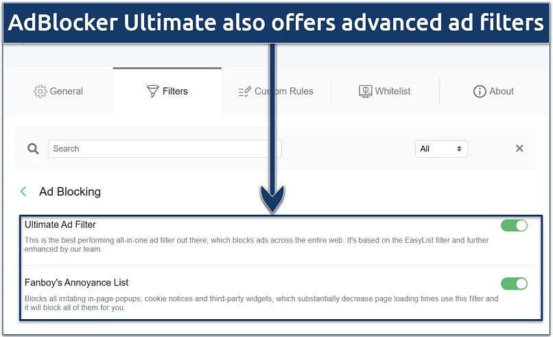 Image showing the ad-blocking filters of AdBlocker Ultimate
