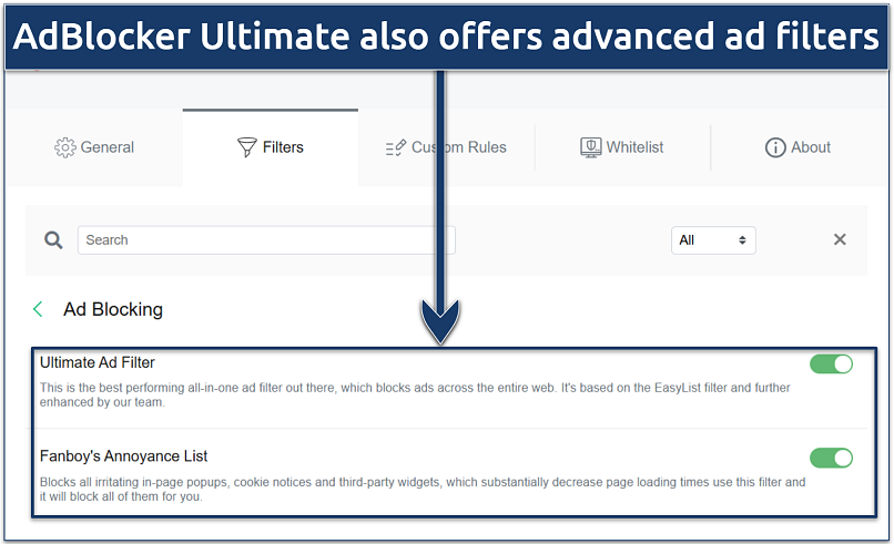 Image showing the ad-blocking filters of AdBlocker Ultimate