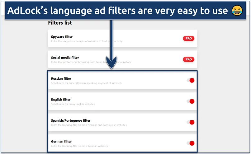 Image showing the settings of AdLock with language ad filters highlighted