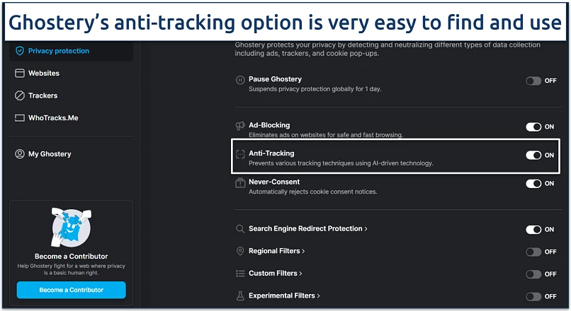 Image showing the settings page of Ghostery Ad Blocker