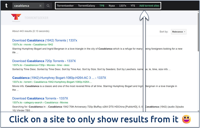 Screenshot of the Torrends search results page