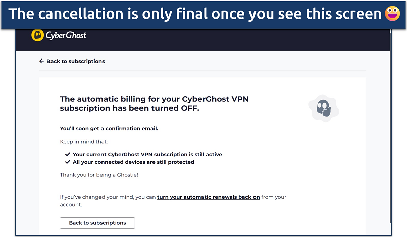 Screenshot of the CyberGhost subscription auto-renewal OFF confirmation