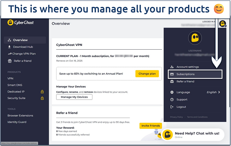 Screenshot of the CyberGhost dashboard with account options, including subscriptions, products, and support