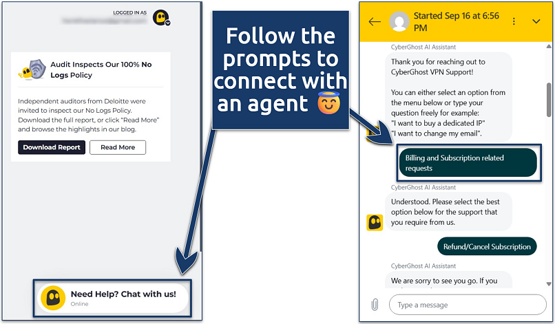 Screenshot of the CyberGhost live chat support widget with the ‘Billing and Subscription related requests’ option selected