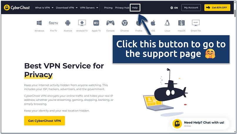 Screenshot of the CyberGhost homepage, with the ‘Help’ button highlighted