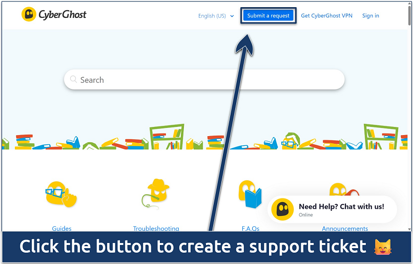 Screenshot of the CyberGhost help center with the 