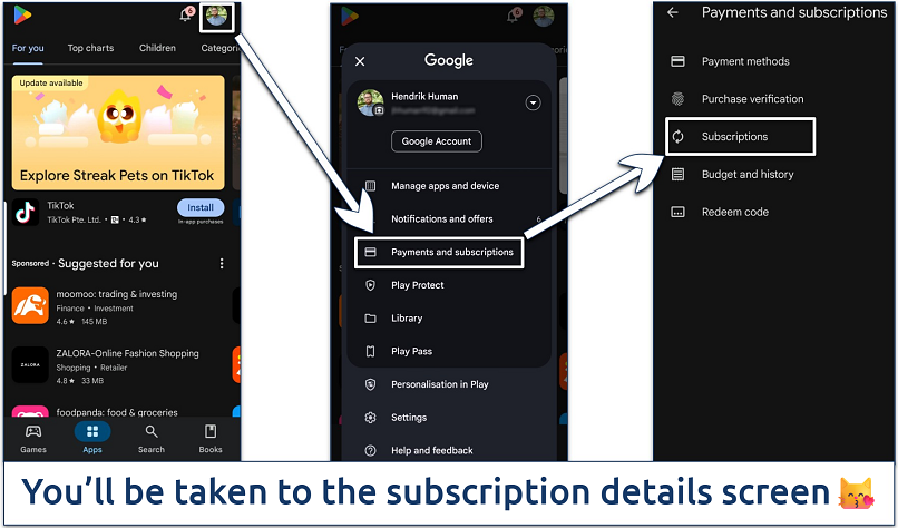 Screenshots showing the Google Play Store navigation path to the ‘Payments and subscriptions’ section