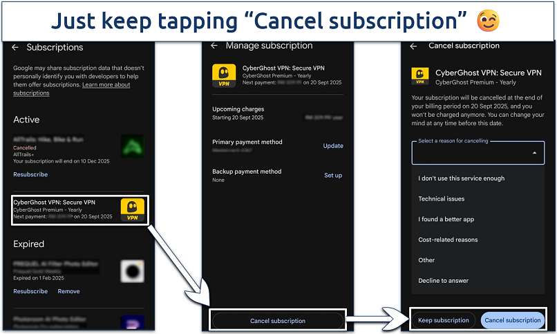 Screenshot of the Google Play Store process to select CyberGhost and cancel the service