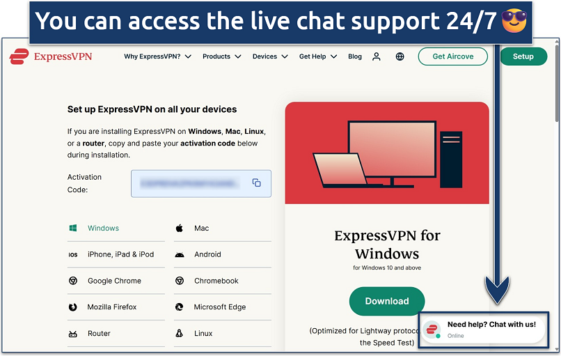 Screenshot of the ExpressVPN account dashboard with the support chat widget