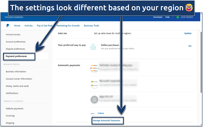 Screenshot of PayPal settings dashboard with the payment preferences page