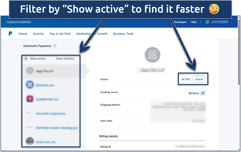 Screenshot of the PayPal automatic payments list with the cancellation option