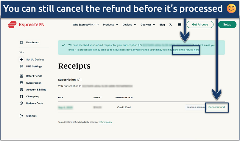 Screenshot of the subscription Receipts page showing an active refund request