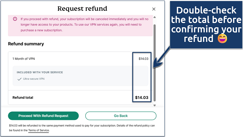 Screenshot of ExpressVPN Request refund final page