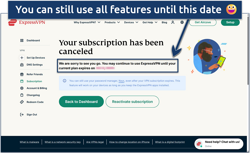 Screenshot of ExpressVPN subscription cancellation confirmation page