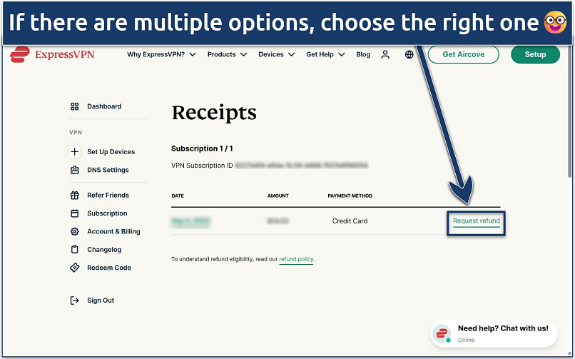 Screenshot of ExpressVPN subscriptions Receipts page