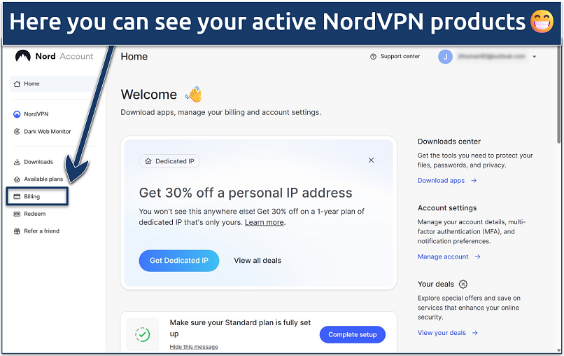 Screenshot of the NordVPN account dashboard