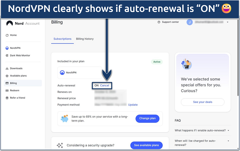 Screenshot of the NordVPN Subscriptions and Billing dashboard