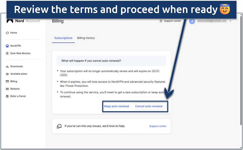 Screenshot of the NordVPN cancel auto-renewal page