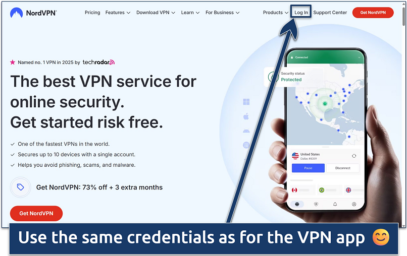 Screenshot of the NordVPN website homepage