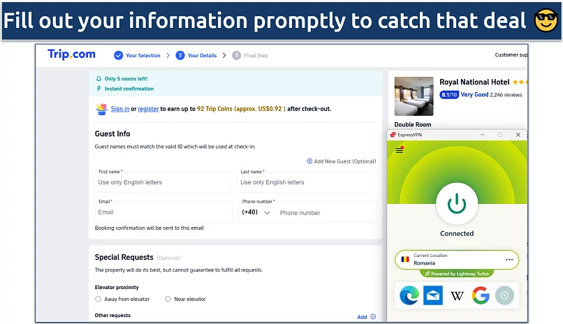Screenshot of a Trip.com page registering for a room at the Royal National Hotel while connected to ExpressVPN's Romania server