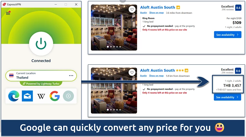 Screenshot of the Aloft Austin South's hotel prices on Booking.com while connected to ExpressVPN's Thailand server