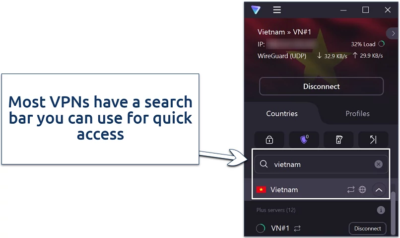 Screenshot of ProtonVPN's Windows app connected to a Vietname server highlighting its server location search bar