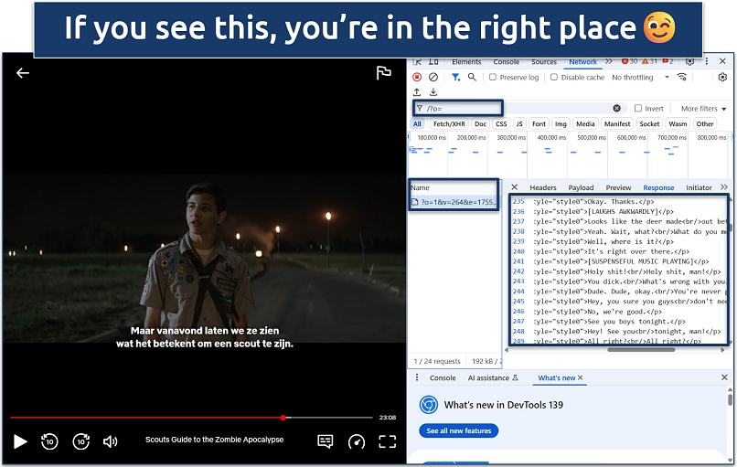 Screenshot of Chrome DevTools open while streaming a show on Netflix