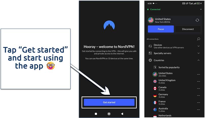 Screenshots of the trial setup completion and the NordVPN app connected