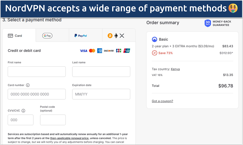An image showing where to choose a payment method for the NordVPN money-back guarantee