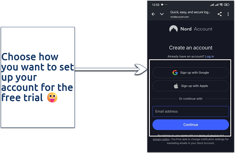 A screenshot of the NordVPN Android app sign-up screen