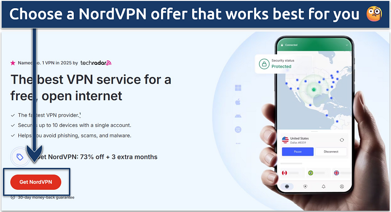 An image of the NordVPN homepage and where to start signing up