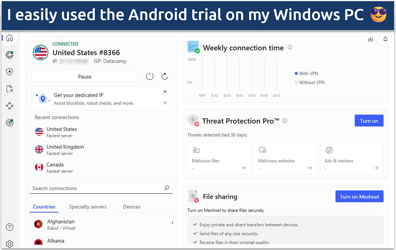 Screenshots of the NordVPN app connected and running on PC