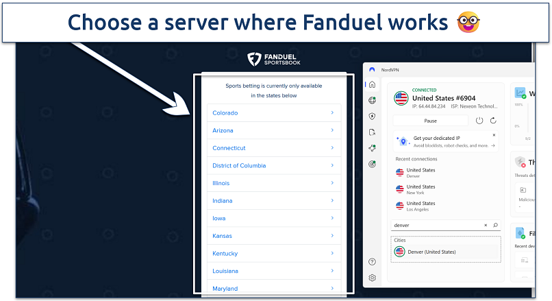 Screenshot of FanDuel's location window