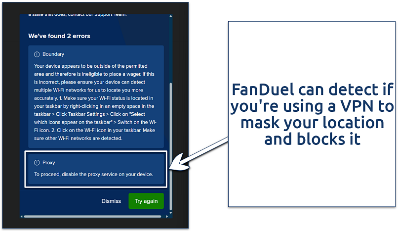 Screenshot of FanDuel's VPN error window