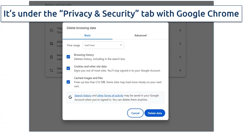 Screenshot of Google Chrome's settings highlighting where to delete your cookies, browsing history, and cache