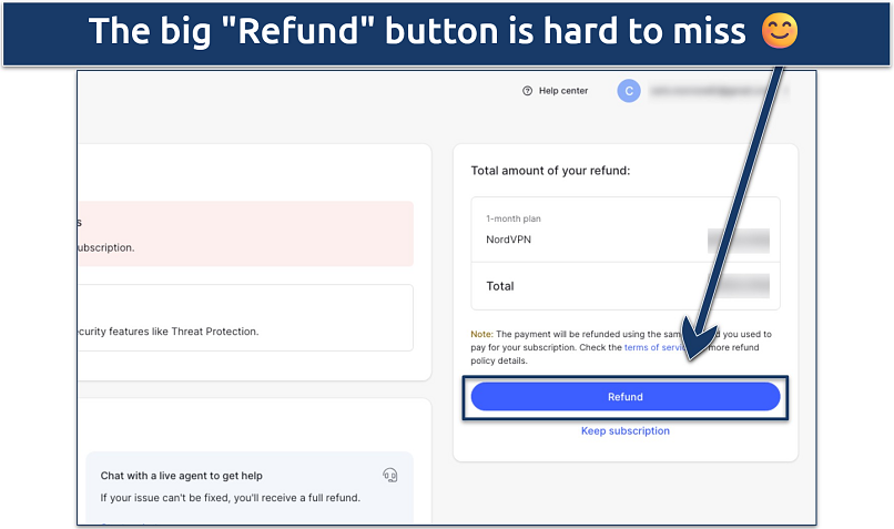 Screenshot of the last step of the refund request process in the NordVPN app