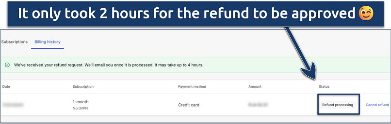 Screenshot of the NordVPN personal dashboard with the Refund processing message