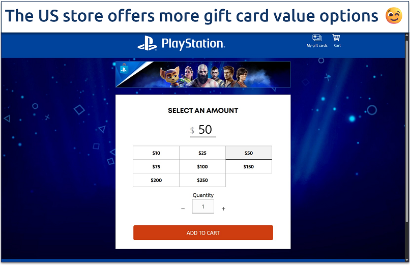 Screenshot of the US PlayStation online store gift card selection
