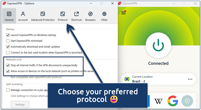 Screenshot of ExpressVPN settings window highlighting network lock options