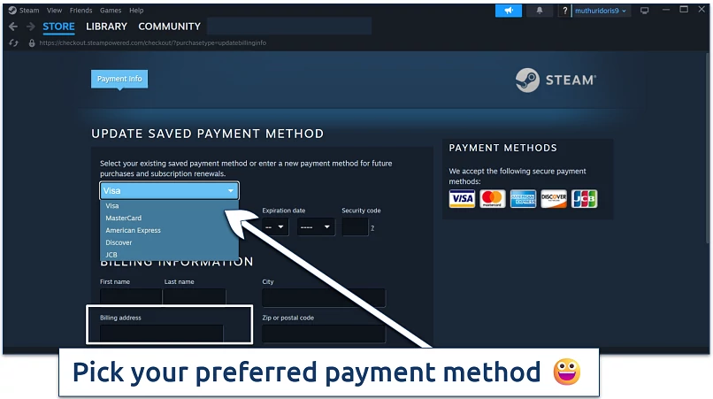 Screenshot of the Steam payment method update page