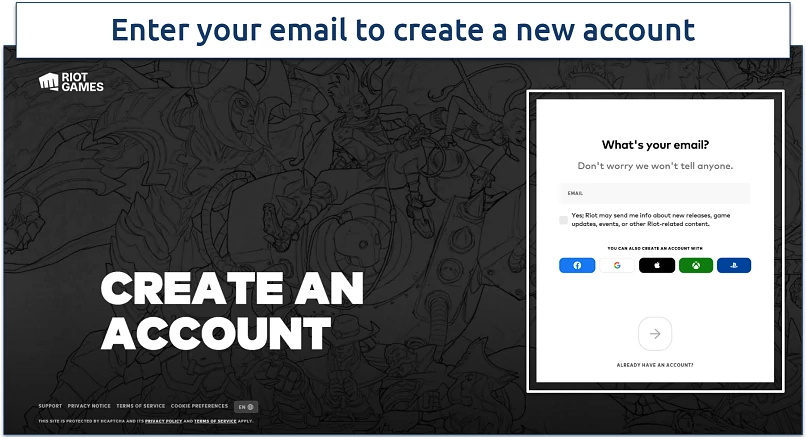 A screenshot showing Valorant's sign-up page