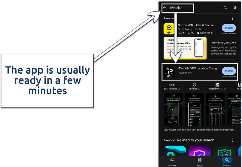 Screenshot showing how to download IPVanish on Android